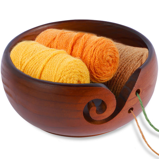 Toorise Wooden Yarn Bowl,Knitting Yarn Bowl with Holes,Pine Wood Crochet Bowl Holder,Weaving Thread Bowl to Prevent Slipping
