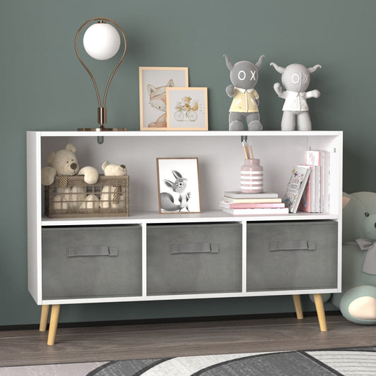 Toy Storage Organizer with Book Shelf for Boys Girls, Children Toy Storage with 3 Collapsible Fabric Drawers, 35''L Wooden Storage Chest for Bedroom Playroom Living Room, White/Gray