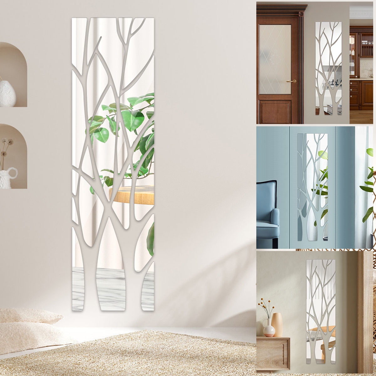 Tree Branches 3D Mirror Wall Sticker Self Adhesive Removable with Branches Mirror Sticker Eco-friendly Wall Decals Acrylic Mirror Art Mural Decal for Home Decor 39.4x11inch
