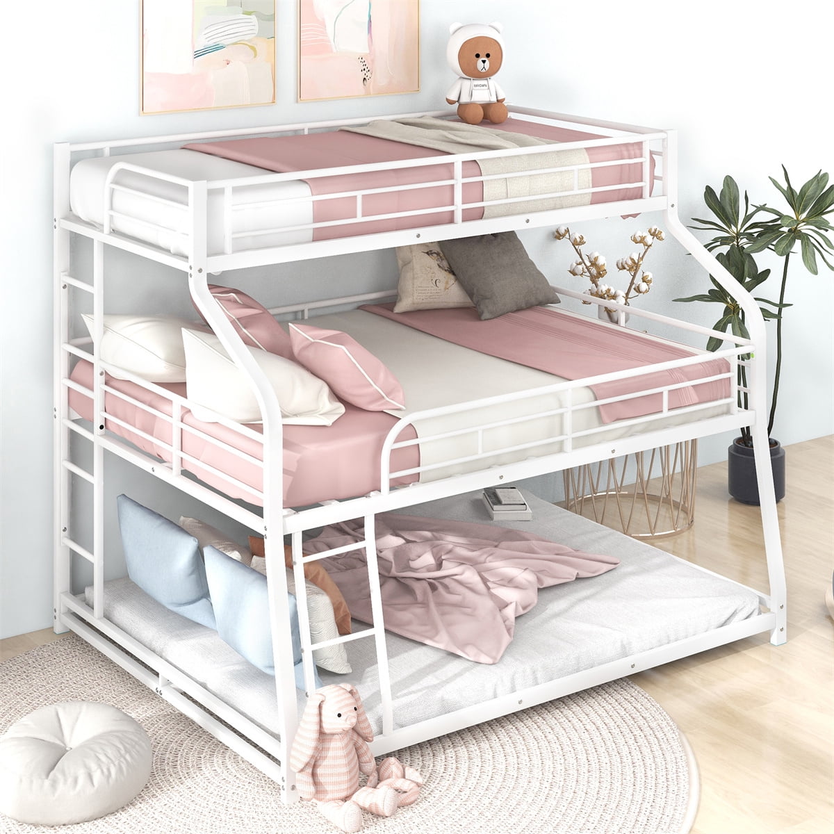 Triple Bunk Bed, Twin XL/Full XL/Queen Triple Bunk Bed with Long and Short Ladder for Kids Teens Adults, Heavy Duty Metal Bunk Bed Frame with Full-Length Guardrails, No Box Spring Needed, White