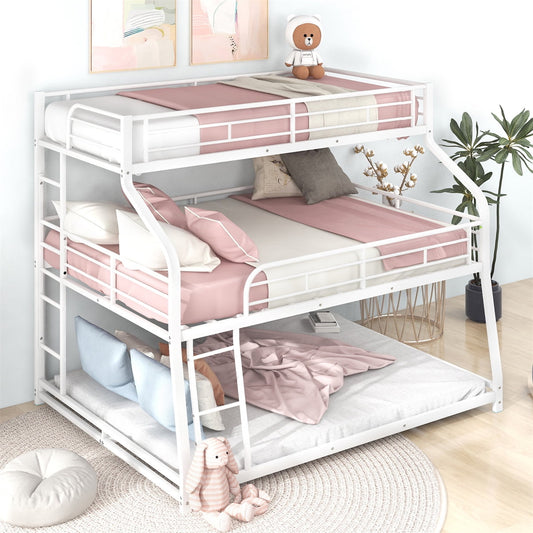 Triple Bunk Bed, Twin XL/Full XL/Queen Triple Bunk Bed with Long and Short Ladder for Kids Teens Adults, Heavy Duty Metal Bunk Bed Frame with Full-Length Guardrails, No Box Spring Needed, White