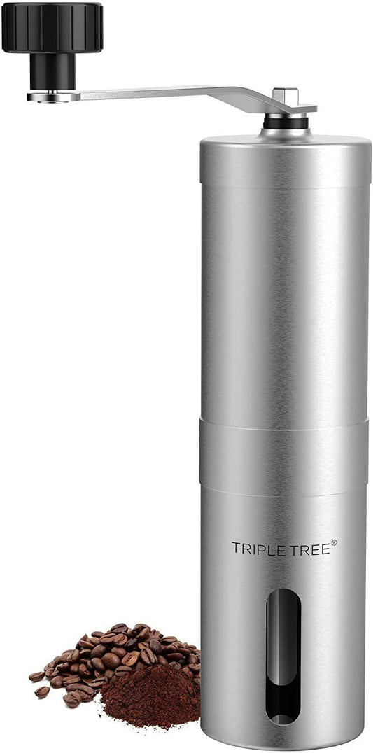 Triple Tree Manual Coffee Grinder with Ceramic Burr, Portable Hand Coffee Bean Mill, Fine Coarse Adjustable, Stainless Steel Shell with Removable Handle, 0.4 Cup Container