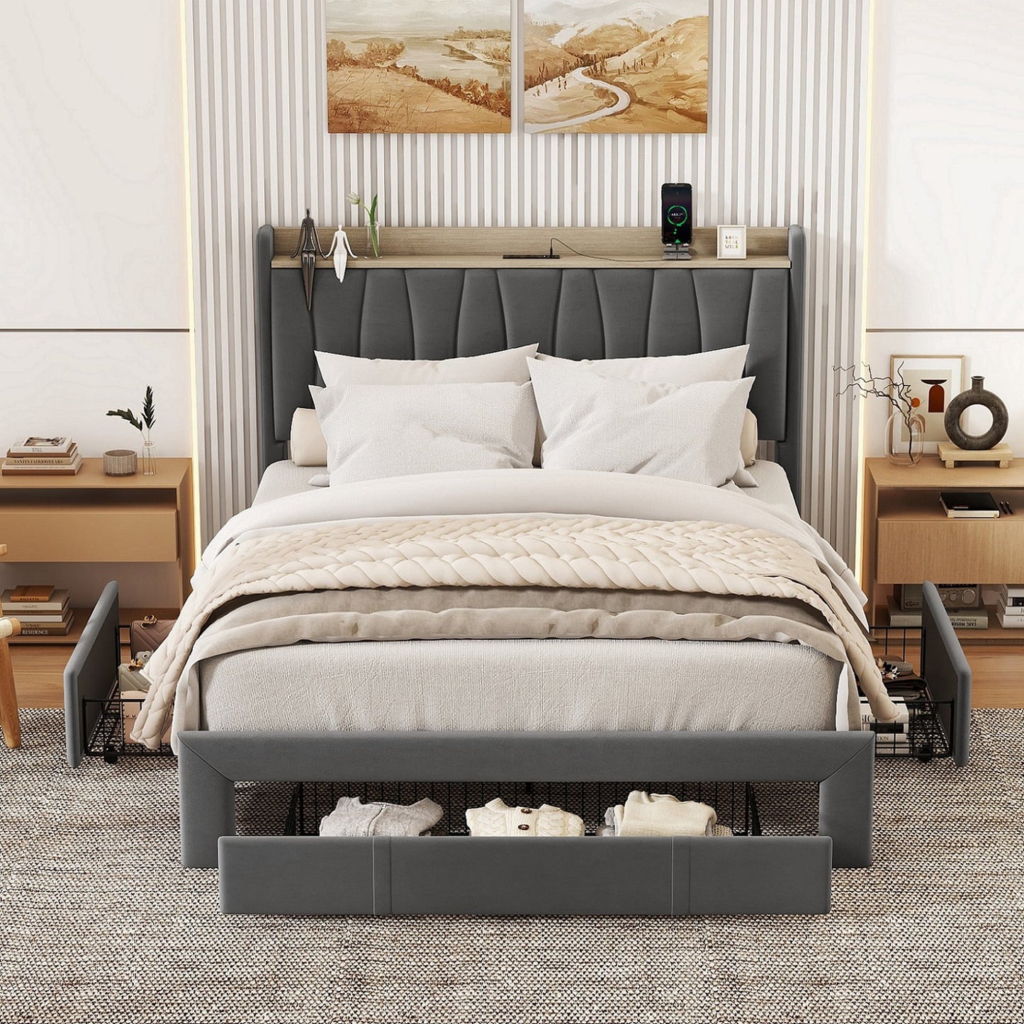 Triple Tree Queen Size Bed Frame with 3 Steel Drawers, Velvet Upholstered Platform Bed with Storage Headboard and Charging Station, No Box Spring Needed, Dark Gray