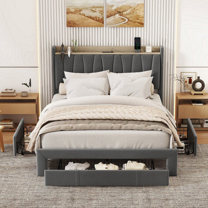 Triple Tree Queen Size Bed Frame with 3 Steel Drawers, Velvet Upholstered Platform Bed with Storage Headboard and Charging Station, No Box Spring Needed, Dark Gray