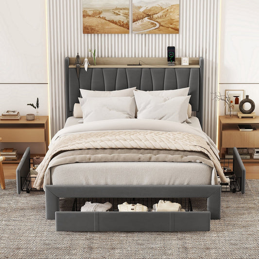 Triple Tree Queen Size Bed Frame with 3 Steel Drawers, Velvet Upholstered Platform Bed with Storage Headboard and Charging Station, No Box Spring Needed, Dark Gray