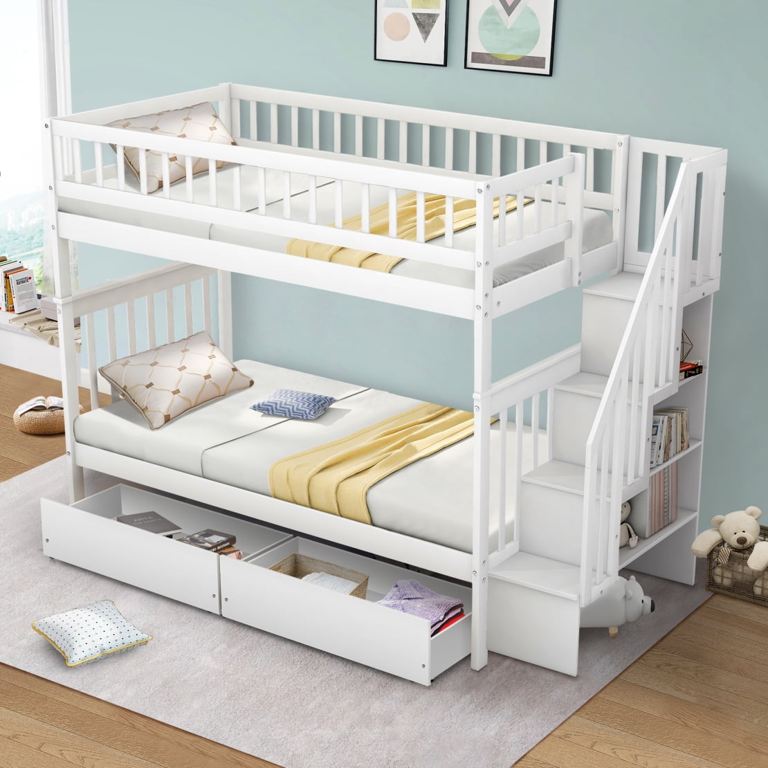 Twin over Twin Bunk Bed with 2 Drawers and Staircases, Wood Bunk Bed Frame with Safety Rails for Kids Teens Adults, Bunk Bed Frame Convertible into 2 Beds, White