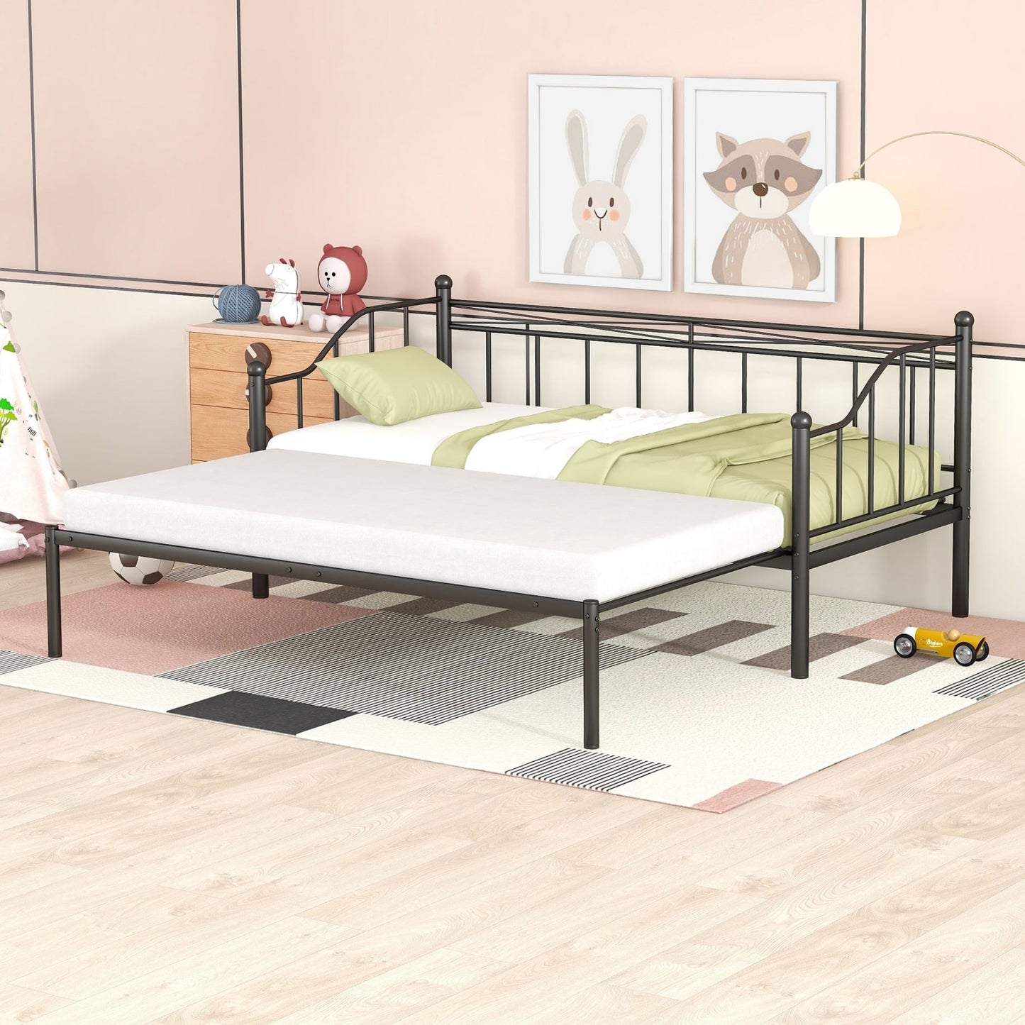 Twin Daybed with Pop-up Trundle, Extendable Metal Daybed Frame with Headboard and Safety Guardrails,Upholstered Sofa Bed Frame for Kids Teens Adults, Living Room,Easy Assembly, Black