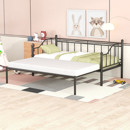 Twin Daybed with Pop-up Trundle, Extendable Metal Daybed Frame with Headboard and Safety Guardrails,Upholstered Sofa Bed Frame for Kids Teens Adults, Living Room,Easy Assembly, Black