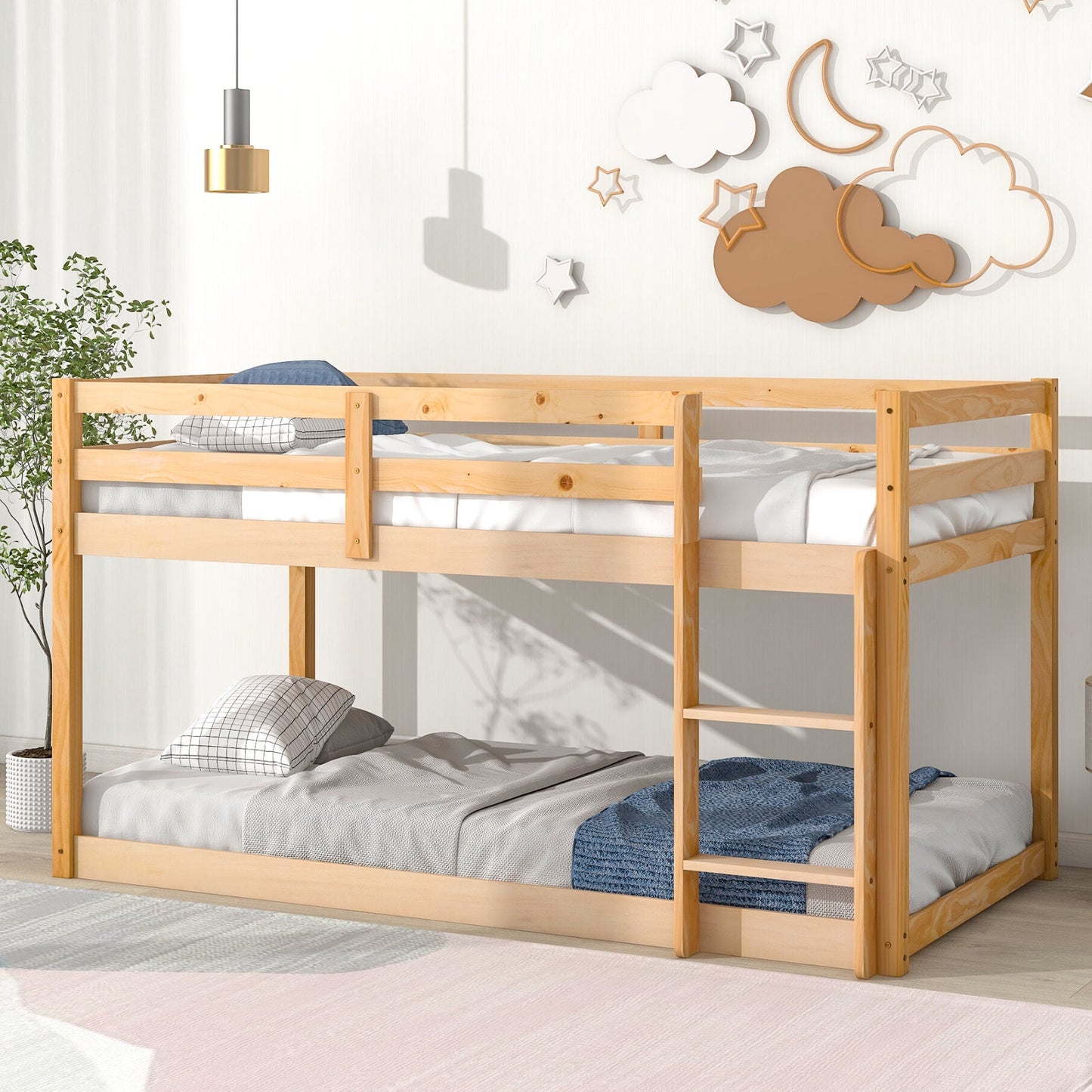 Twin over Twin Floor Bunk Bed for Kids, Wooden Low Bunk Bed Frame with Safety Guardrails and Ladder, Bedroom Furniture with Sturdy Slats Support for Boys Girls