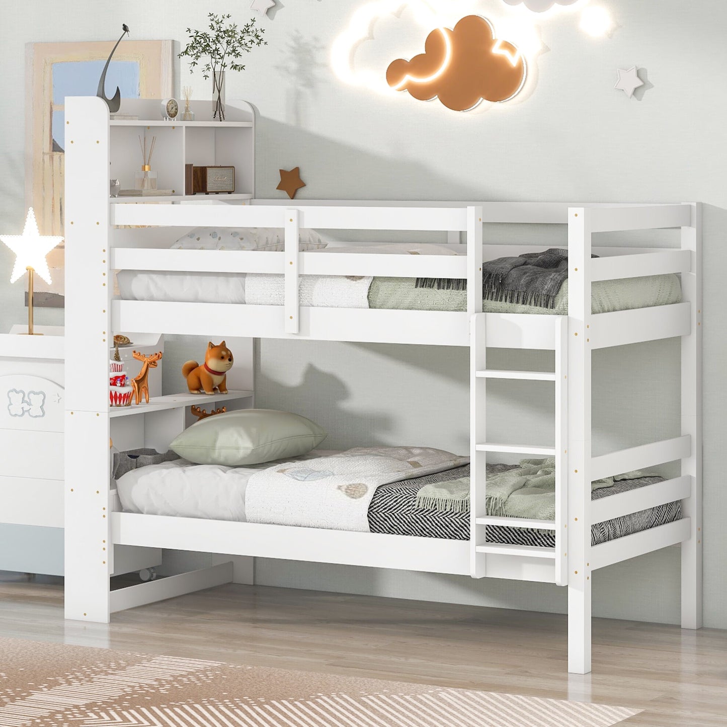 Twin Over Twin Bunk Beds with Bookcase Headboard, Solid Wood Bed Frame with Safety Rail and Ladder, Can Be converted into 2 Beds, for Kids/Teens Bedroom, Guest Room