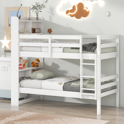 Twin Over Twin Bunk Beds with Bookcase Headboard, Solid Wood Bed Frame with Safety Rail and Ladder, Can Be converted into 2 Beds, for Kids/Teens Bedroom, Guest Room