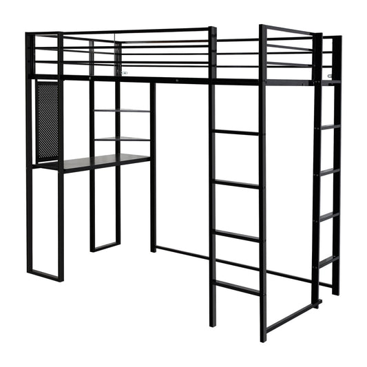 Twin Size Loft Bed with Desk and Storage Shelves, Metal Bed Frame with 2 Built-in Ladders and Safety Guardrail, Platform Bed Frame for Juniors Adults, Noise-Free & No Box Spring Needed, Black
