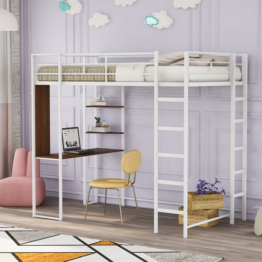 Twin Size Loft Bed, Metal Loft Bed with 2 Shelves and 1 Desk for Kids Teens Adults, Space-Saving Loft Bed Frame with 2 Built-in Ladders and Full-Length Guardrails, No Box Spring Needed, White