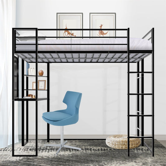 Twin Size Loft Bed with Desk and Shelves for Kids, Metal Bed Frame with 2 Built-in Ladders Hold up to 200lbs for Bedroom