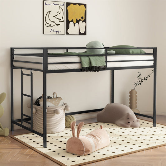 Twin Size Loft Bed with Ladder and Guardrails for Kids Teens, Metal Low Loft Bed Frame with Under-Bed Storage Space for Bedroom