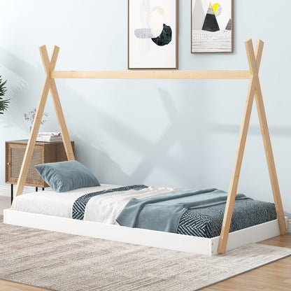 Twin Size Tent Floor Bed Frame with Triangle Structure, Teepee Platform Bed for Kids, Montessori Floor Bed for Toddlers Girls Boys, No Box Spring Needed(Twin,White+Natural)