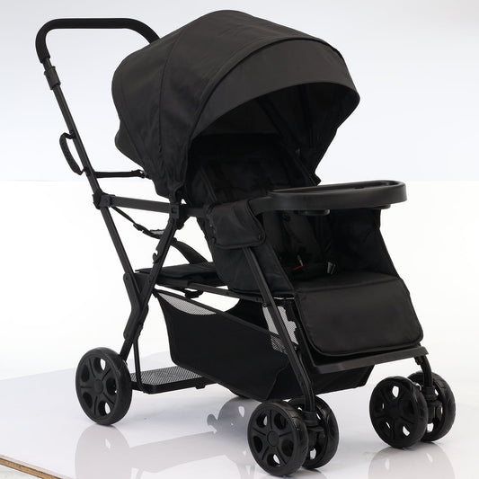 Twin Stroller Sit-Stand and Lying DownTravel Stroller Folding Stroller for Newborn&Toddler with Rear Bench and Standing Platform,5-Point Harness,Canopy,Tray Table