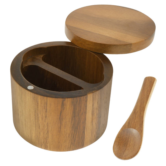 Txkrhwa 2 Compartments Acacia Wood Salt Bowl, Round Salt Cellar with Built in Spoon and Magnetic Swivel Lid, Kitchen Salt Holder for Storing Salt Pepper Sugar Spice