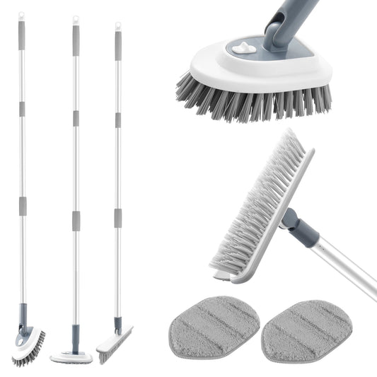 Txkrhwa 3 in 1 Shower Scrubber Cleaning Brush, 48'' Long Handle Tub Stiff Bristle Scrub Brush, Extendable Tile Scrubber Grout Brush with Microfiber Cloth Pads for Cleaning Shower Bathtub Floor
