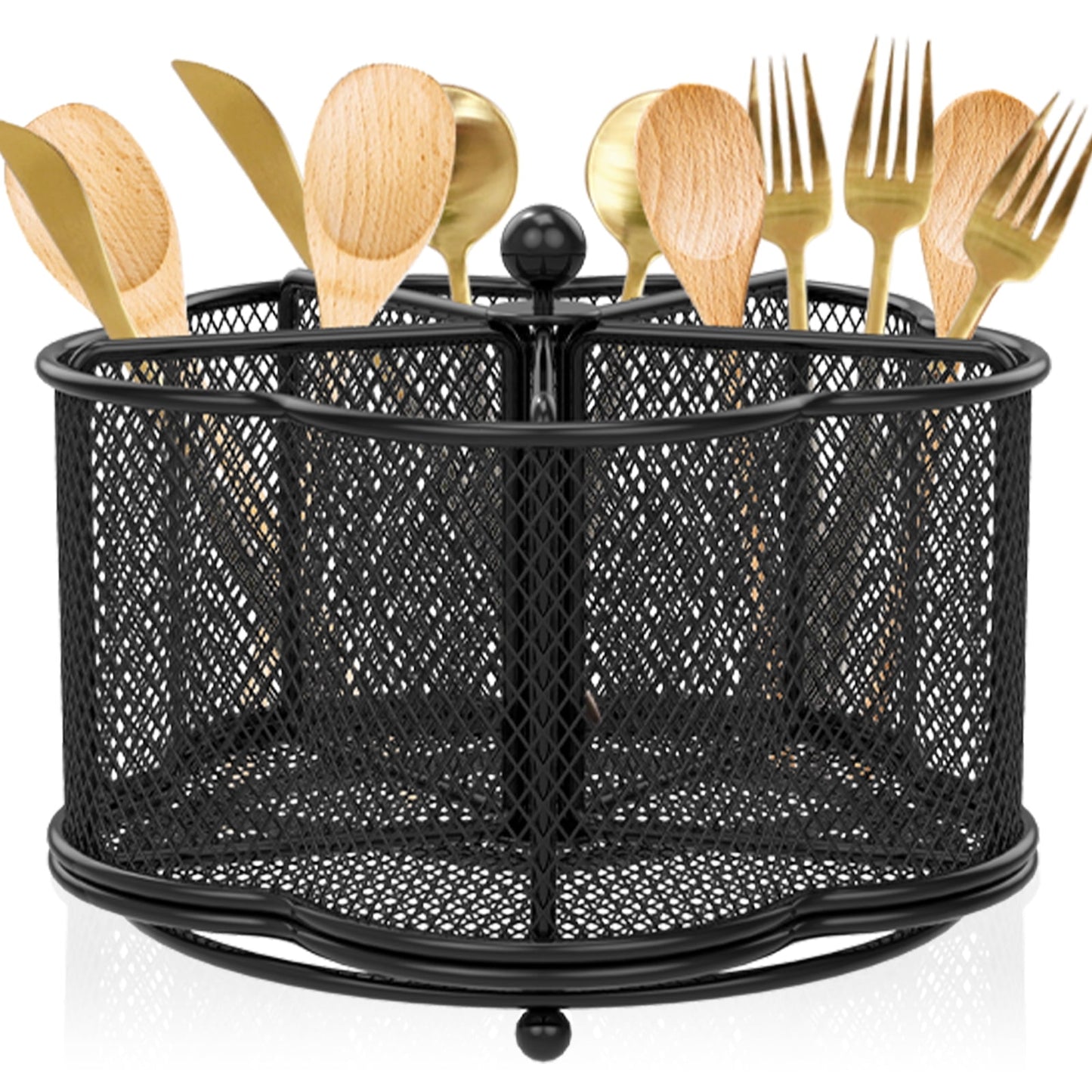 Txkrhwa 360 Degree Rotating Metal Utensil Caddy Holder, 5 Compartments Silverware Cutlery Organizer, Kitchen Fork Spoon Organizer, Party Countertop Buffet Picnic Camping Outdoor Storage Basket