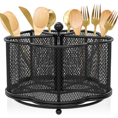 Txkrhwa 360 Degree Rotating Metal Utensil Caddy Holder, 5 Compartments Silverware Cutlery Organizer, Kitchen Fork Spoon Organizer, Party Countertop Buffet Picnic Camping Outdoor Storage Basket