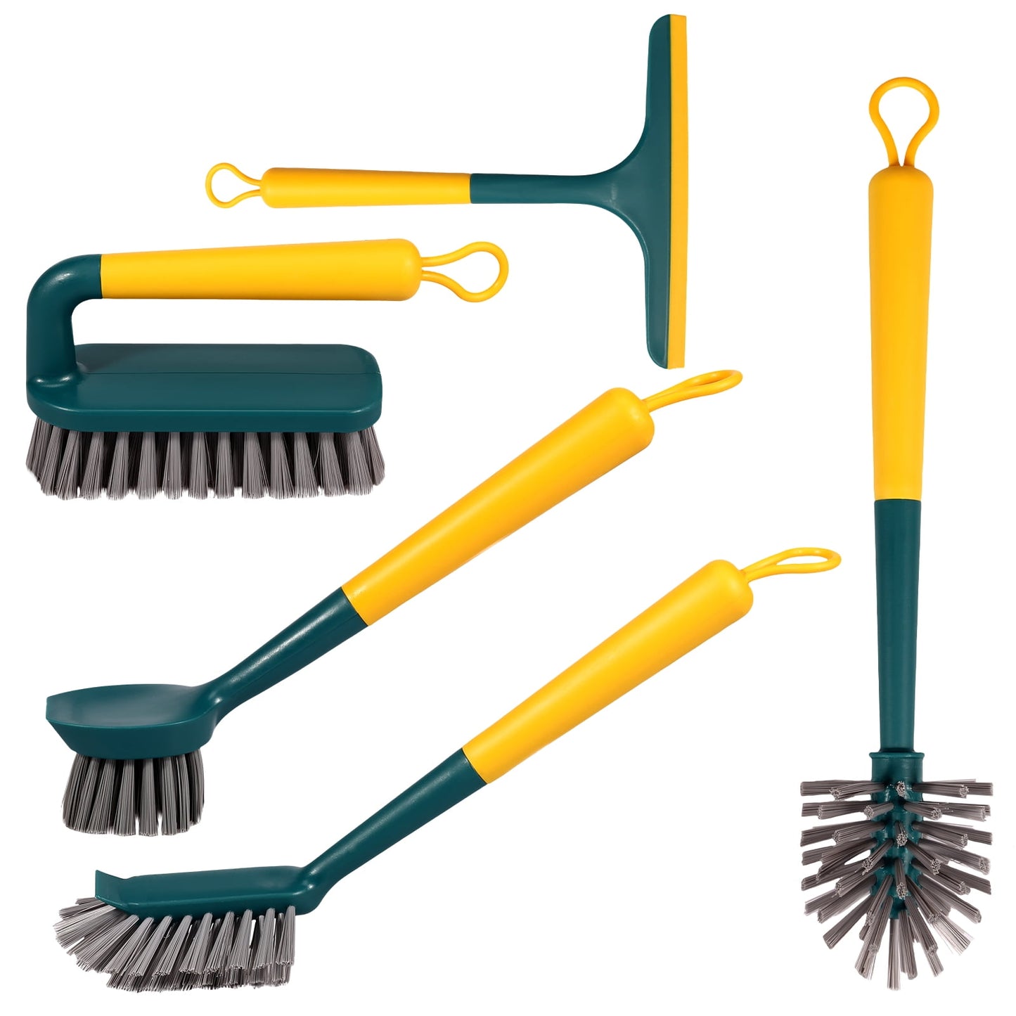 Txkrhwa 5PCS Multipurpose Kitchen Cleaning Brushes Set, Dish Brush with Handle, Bottle Brush Set, Window Squeegee Scrub Brush, Countertop Cleaning Brushes, Silicone Handle with Hook