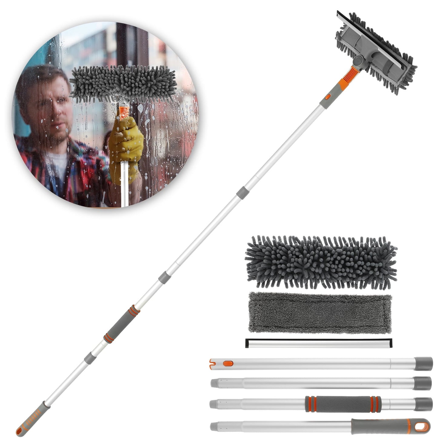 Txkrhwa 63 inch Window Cleaning Squeegee Cleaner Kit, 3 in 1 Window Squeegee Extension Pole Long Handle & Groove Cleaning Tool for Window, Car, Shower Glass Door, Mirror, Indoor & Outdoor