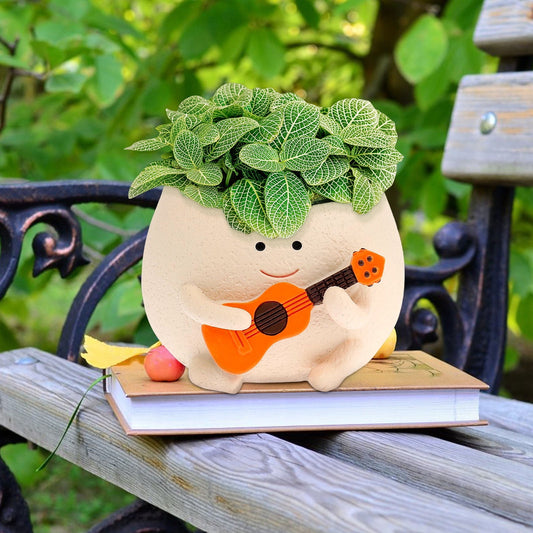 Tysrjsv Smiling Face Planter Pot with Drainage Holes Cute Resin Flowers Pot Ukulele Plant Pot Funny Face Succulent Pots Gifts for Home Office Decor 12.7*11.5*8.4cm