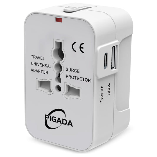 Universal Travel Adapter, International Plug Adapter with 2 USB Ports (1 USB C), PIGADA Worldwide Wall Charger AC Power Plug Converter Adaptor for US to EU UK AUS Asia
