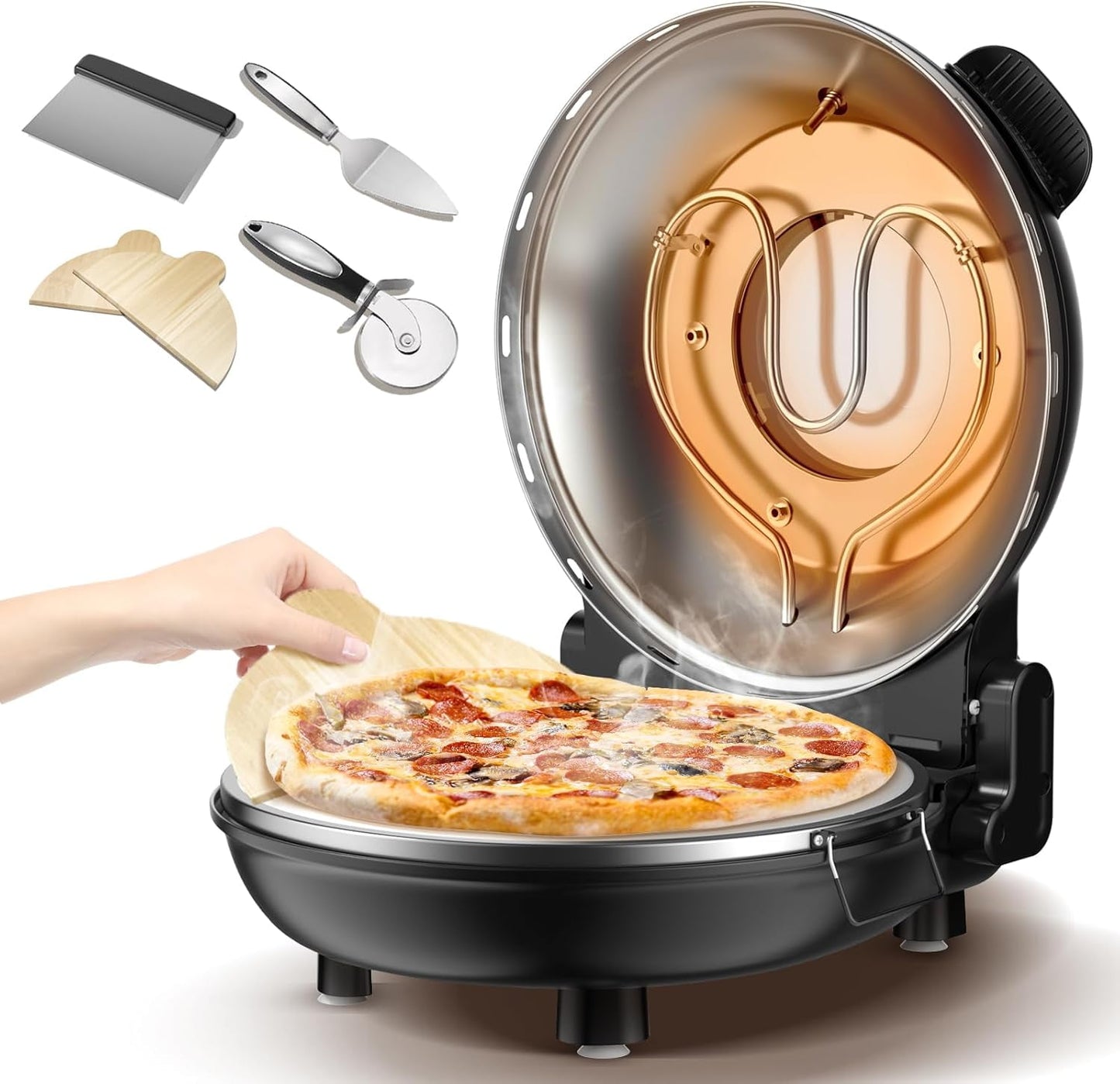 JMDLWZ Upgrade Pizza Oven, 12 Inch Electric Pizza Oven Indoor, 1200W Portable Countertop Pizza Maker with Viewing Window, Timer, Heats Up to 800°F, Ideal for Home Use, Bake Delicious Pizza Easily