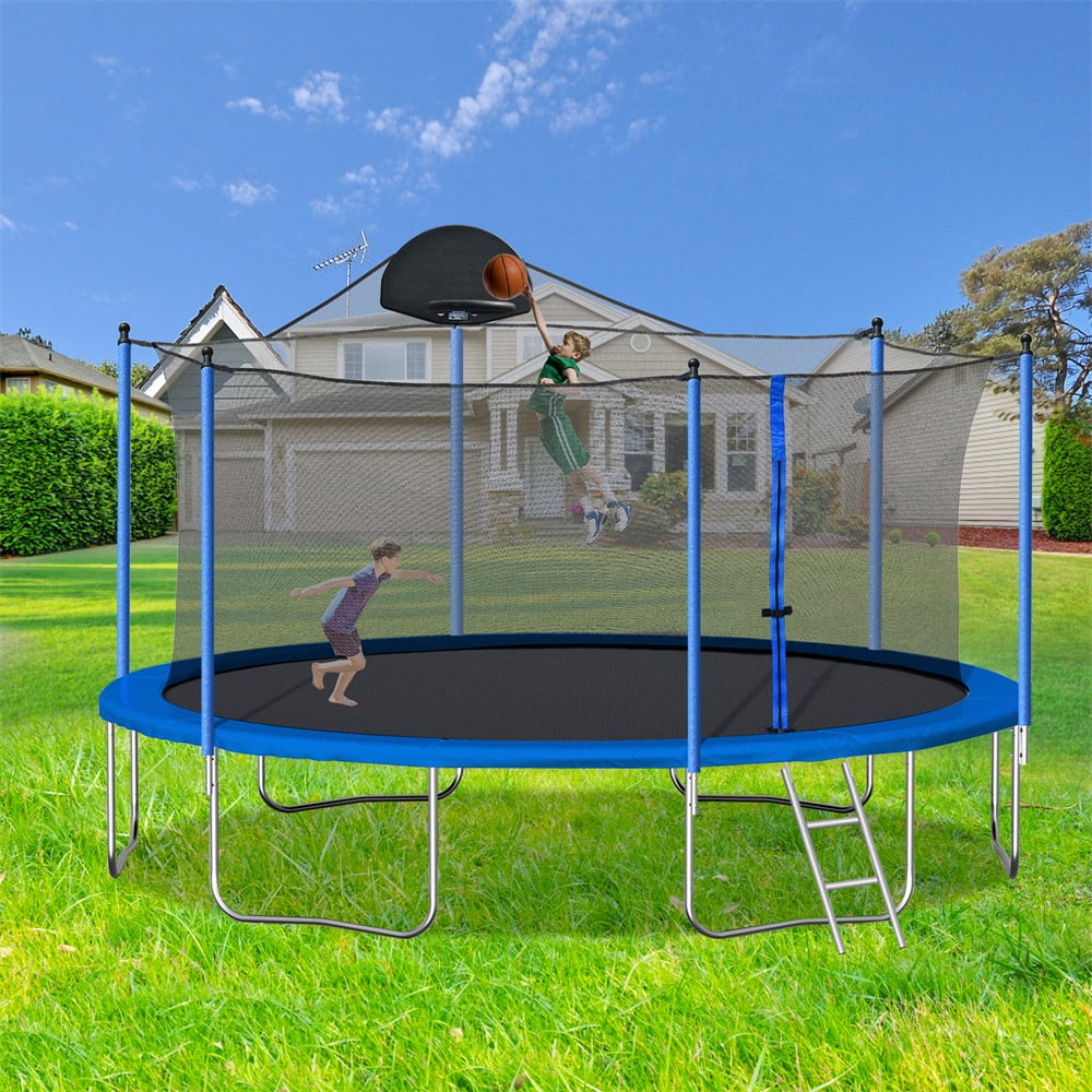 Upgraded 14FT Trampoline for Kids Teens Adults, Recreational Trampoline with Safety Enclosure Net, Basketball Hoop and Non-slip Ladder, Combo Bounce Outdoor Trampoline, Blue