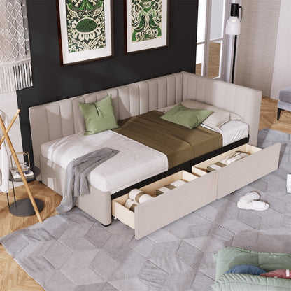 Upholstered Daybed with 2 Storage Drawers, Twin Size Sofa Bed Frame with 10 Wood Slats Support, Solid Wood Platform Bed Frame for Bedroom Living Room, No Box Spring Needed, Linen Fabric (Beige)