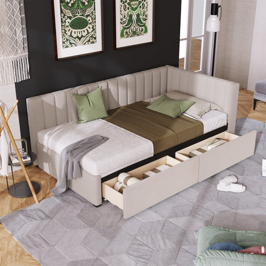 Upholstered Daybed with 2 Storage Drawers, Twin Size Sofa Bed Frame with 10 Wood Slats Support, Solid Wood Platform Bed Frame for Bedroom Living Room, No Box Spring Needed, Linen Fabric (Beige)