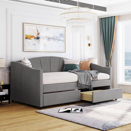 Upholstered Daybed with 2 Storage Drawers, Twin Size Velvet Fabric Sofa Bed, Weight Capacity 650LBS, for Bedroom Living Room, Gray
