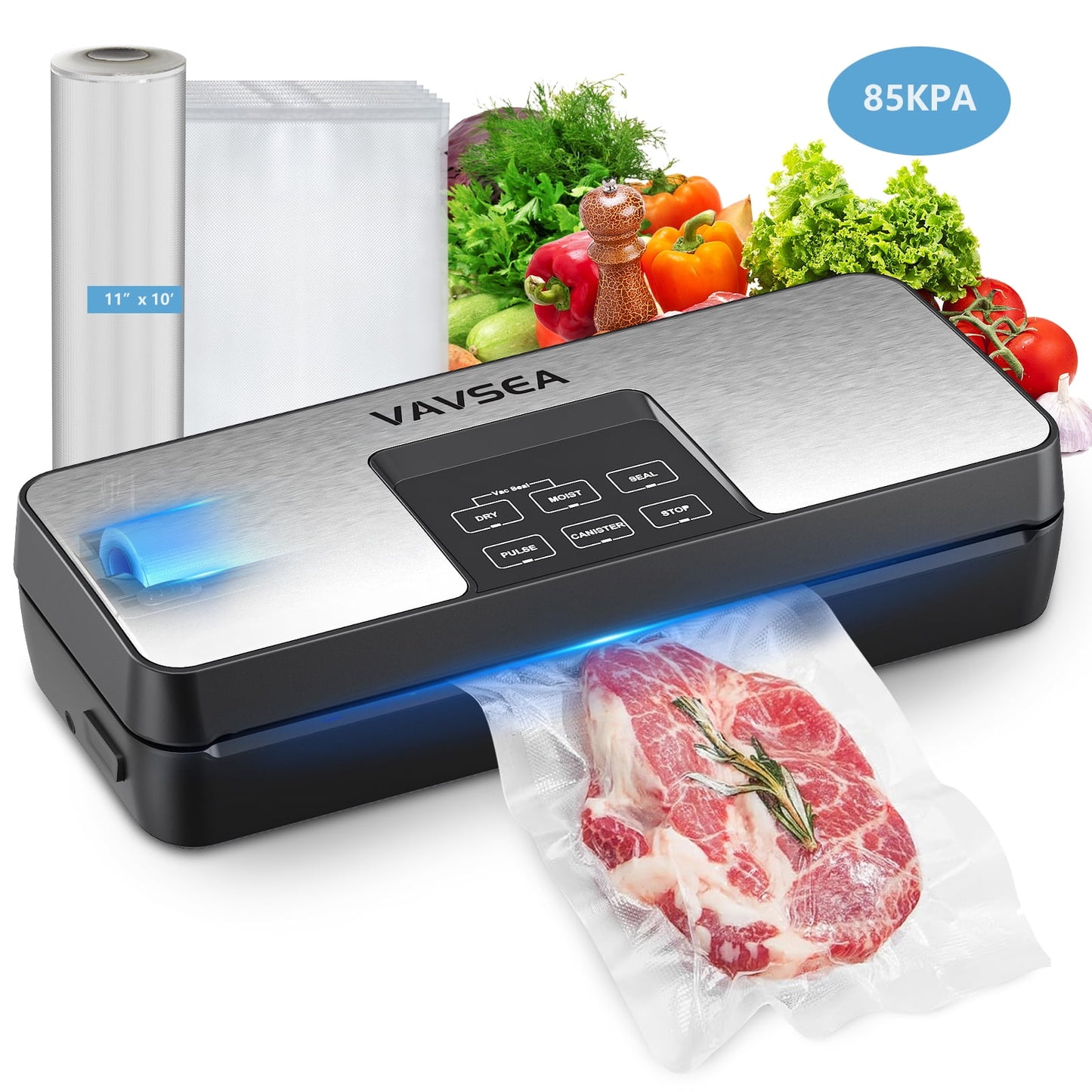 VAVSEA 85Kpa Vacuum Sealer Machine with Built-in Cutter, 8-in-1 Food Vacuum Sealer with Bag Roll Storage Space and 10 Bags & 1 Bag Roll for Sous Vide and Food Storage