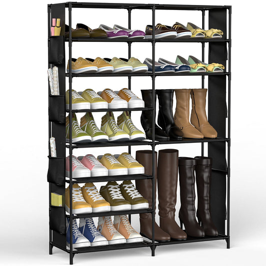 VAVSEA Shoe Rack, 8 Tier Large Shoe Organizer with 2 Side Pockets, Metal 22-26 Pairs Tall Shoe Storage Shelf, Shoe & Boots Cabinet for Closet Entryway Bedroom, Black