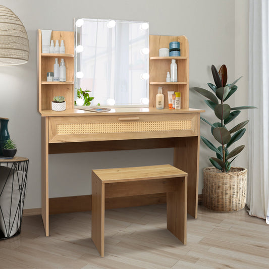 Vanity Table Set with Lighted Mirror, Vanity Desk Set Stool & Dressing Table with Drawer, Modern Wood Cosmetic Table Chest of Drawers Natural