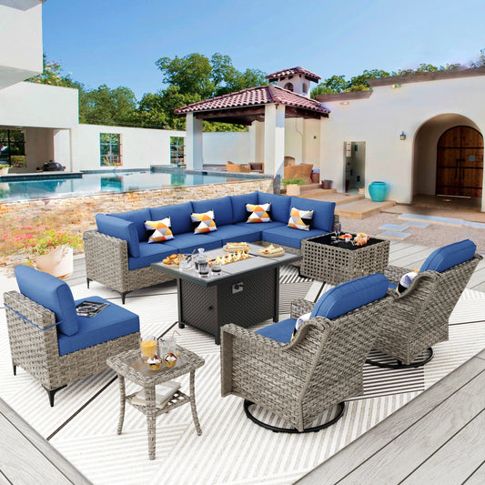 Vcatnet 11 Pieces Patio Outdoor Conversation Set All Weather Wicker Furniture Swivel Rocking Chairs Sofa Set with Fire Pit Table and Solar Lamp Coffee Table,Navy Blue