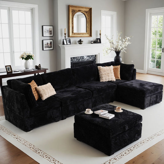 Vcatnet 130.7'' Modular Sectional Sofa Couch Corduroy L Shaped Oversized Modern Minimalist Couch with Deep Seat and Ottoman for Living Room, 4 Seat, Black