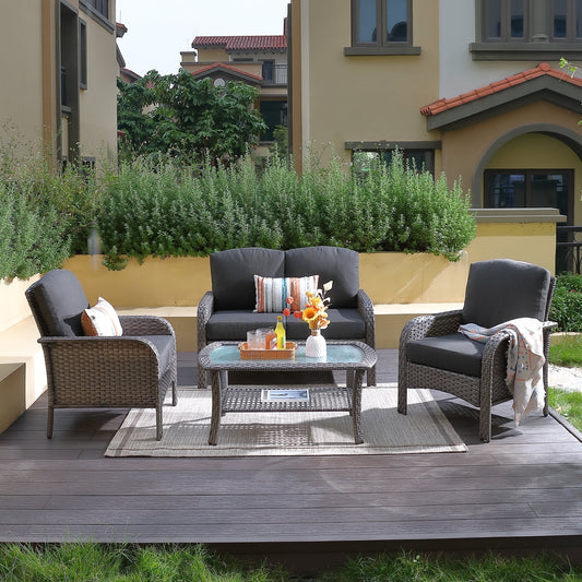 Vcatnet 4 Pieces Outdoor Patio Furniture All-weather Wicker Conversation Set with Coffee Table for Garden,Poolside,Black