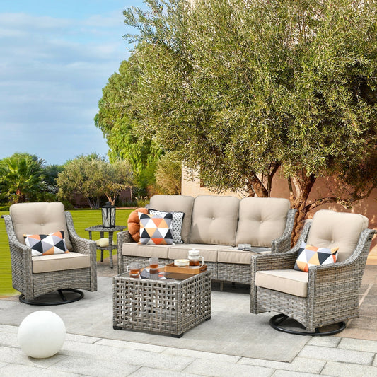 Vcatnet 5 Pieces Outdoor Patio Furniture All Weather Wicker High-Back Conversation Set with Rocking Swivel Chairs and Solar Lamp Coffee Table,Beige
