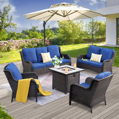 Vcatnet 5 Pieces Outdoor Patio Furniture Sectional Sofa All-weather Conversation Set with Fire Pit Table for Garden,Poolside,Navy blue