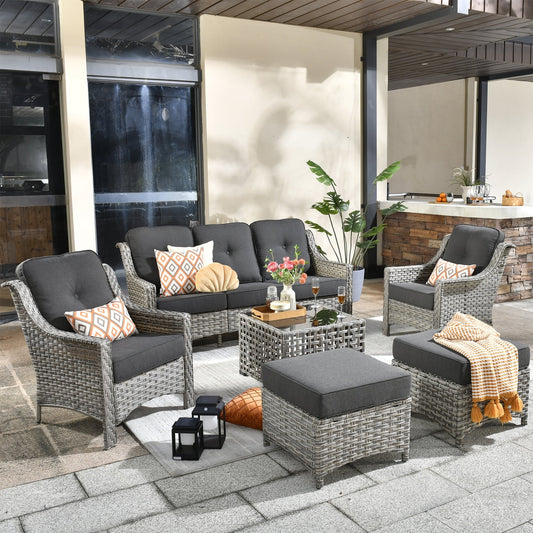 Vcatnet 6 Pieces Outdoor Patio Furniture Wicker High-Back Conversation Set with Solar Lamp Coffee Table and Ottoman,Black