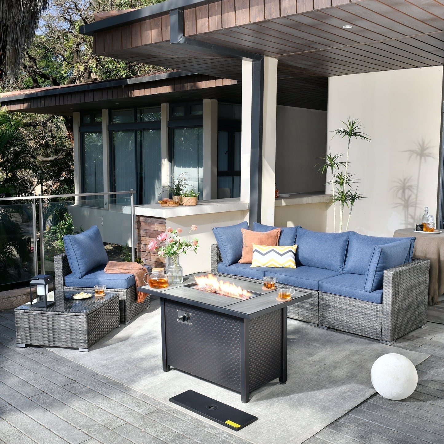 Vcatnet 6 Pieces Outdoor Patio Furniture Sectional Sofa All-weather Conversation Set with Fire Pit Table and Coffee Table for Garden,Poolside,Denim blue