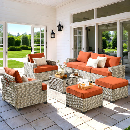 Vcatnet 8 Pieces Outdoor Patio Furniture Sectional Sofa PE Rattan Wicker Conversation Set with Solar Powered Coffee Table for Porch,Backyard,Orange Red