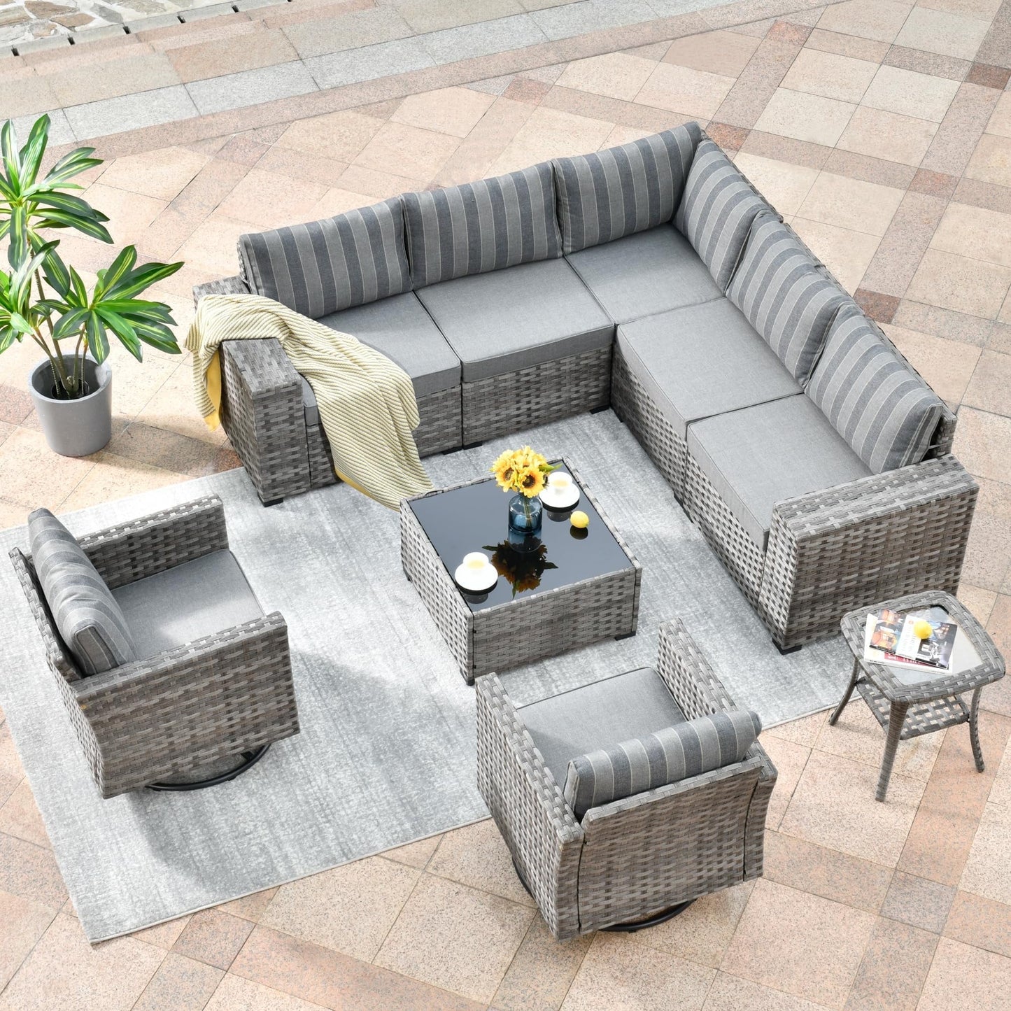 Vcatnet 9 Pieces Patio Furniture Outdoor Wicker Conversation Set with Swivel Rocking Chairs and Coffee Table,Gray Stripes