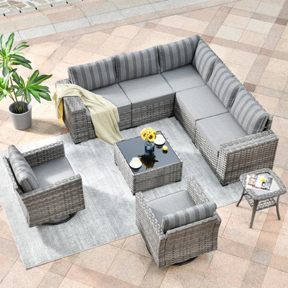Vcatnet 9 Pieces Patio Furniture Outdoor Wicker Conversation Set with Swivel Rocking Chairs and Coffee Table,Gray Stripes