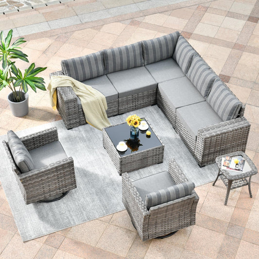 Vcatnet 9 Pieces Patio Furniture Outdoor Wicker Conversation Set with Swivel Rocking Chairs and Coffee Table,Gray Stripes