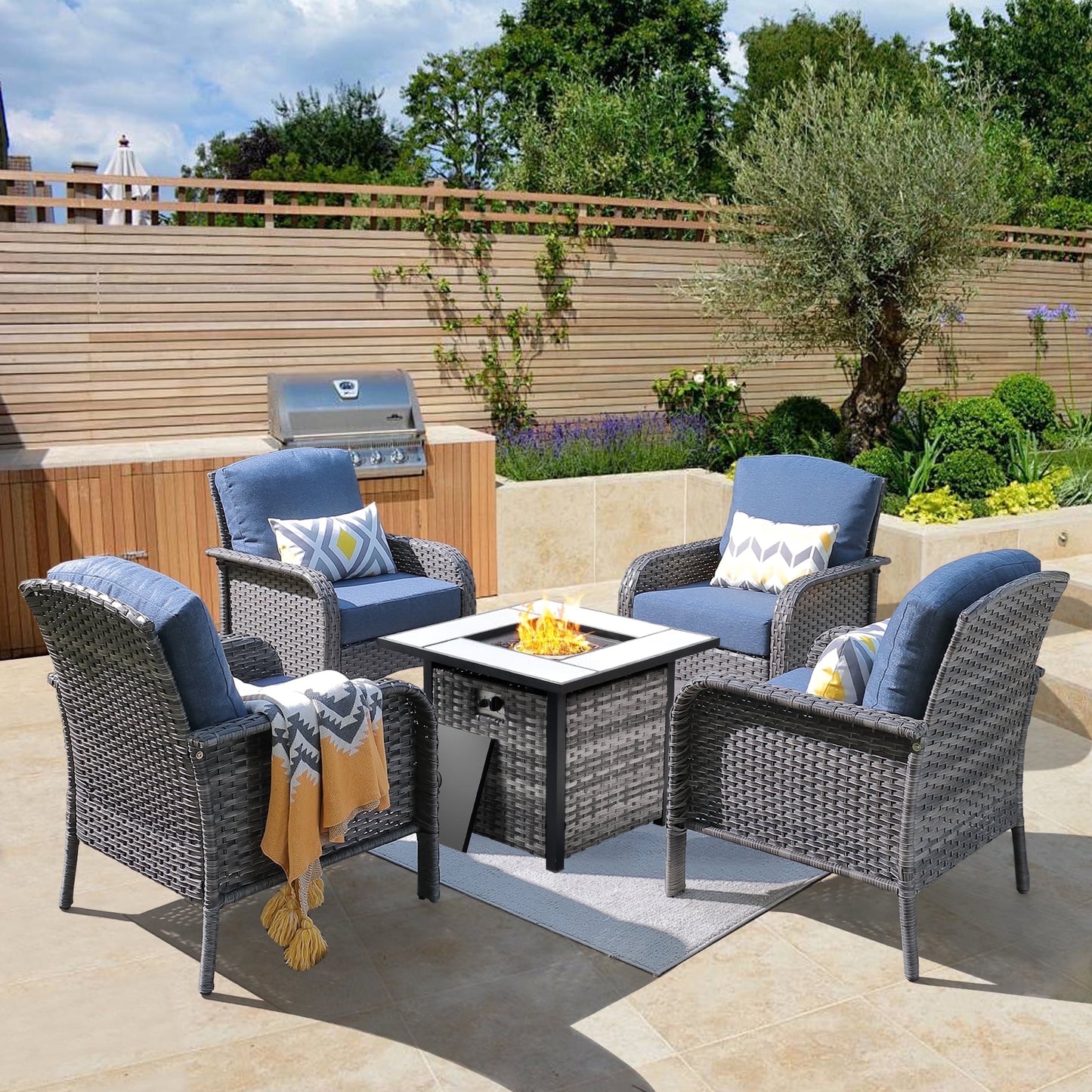 Vcatnet 5 Pieces Outdoor Patio Furniture All-weather Wicker Conversation Set with Fire Pit Table for Garden,Poolside,Denim blue