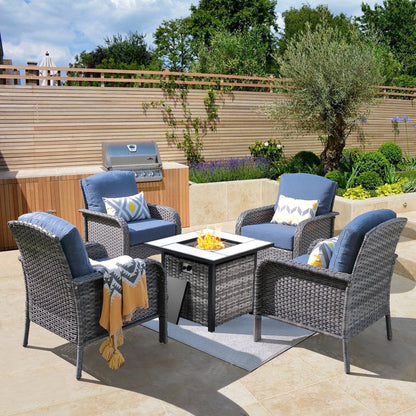 Vcatnet 5 Pieces Outdoor Patio Furniture All-weather Wicker Conversation Set with Fire Pit Table for Garden,Poolside,Denim blue
